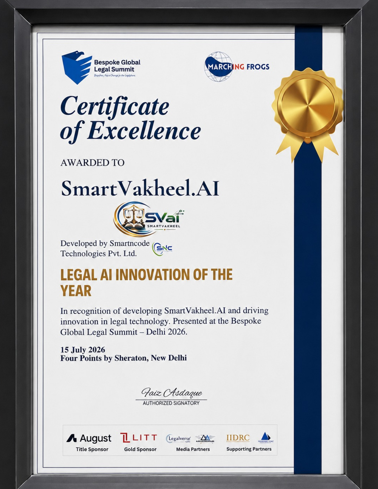 SmartVakheel.AI Legal Innovation of the Year award certificate at Bespoke Global Legal Summit 2026